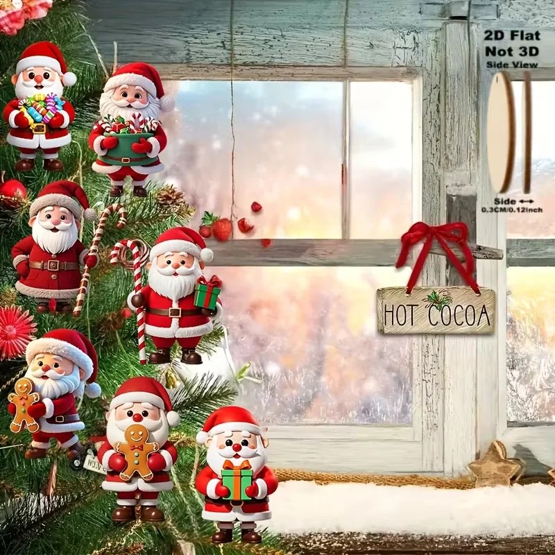 10-Piece Flat Wooden Santa Christmas Ornaments for Tree Decorating –