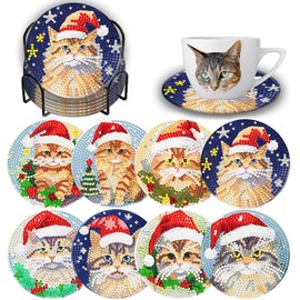 8 Pcs Christmas Cat Diamond Art Coasters Kits with Holder DIY Christmas Cat Diamond Coasters Xmas Holiday Diamond Coasters for Beginner Adult Winter Christmas Gift
