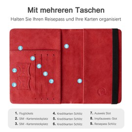 Czyan Passport Cover, Faux Leather Protective Passport with RFID Blocking Protective Cover, Vaccination Card, Protective Case for Credit Cards, ID and Travel Documents, red, Classic