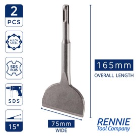 2 PACK - SDS Plus Chisel 165mm x 75mm Wide Angled Bent Tile Chisel SDS Bit, 75mm Wide SDS Chisel Bit for Ceramics, Floor Tiles, Masonry & Concrete. For SDS & SDS Plus Drills