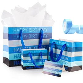 ZHIHUI Happy Birthday Gift Bag, Blue Decorations, Large Medium Small Gift Bags with Tissue Paper, Ribbon and Greeting Cards, for Baby Boys Teens Mens Party Gift Wrapping