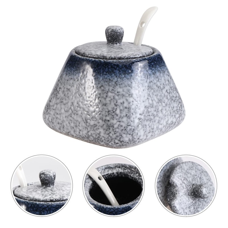 Mobestech Simple Ceramic Condiment Jar with Lid and Spoon Blue