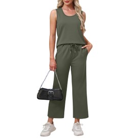 WIHOLL Two Piece Sets for Women Dressy Fashion U Neck Lounge Sets Clothing Wide Leg Pants Travel Outfits for Women Beach Vacation Clothes 2025 Green S