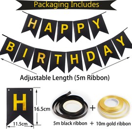 Happy Birthday Banner, Black Gold Birthday Decoration, 16 Pcs 12in Happy Birthday Balloons with 2 Ribbons for Men Women Girls and Boys Birthday Party Decoration