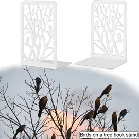 Qualsen 4 Pieces Book Ends, Tree and Bird Bookends, Book Ends for Shelves, Duty Metal Bookend，Book Stopper for Home Office Desk, Back to School Supplies (White)