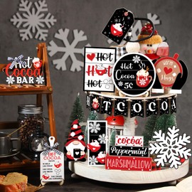 Dandat 17 Pcs Christmas Tiered Tray Decor Hot Cocoa Bar Supplies Christmas Wooden Signs Winter Tiered Tray Decorations Set Farmhouse Christmas Table Decorations for Home Table Shelf
