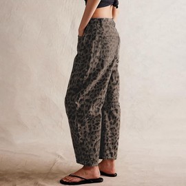 Women's Mid Rise Barrel Jeans Vintage Leopard Printed Baggy Cropped Jeans Wide Leg Denim Ankle Pants Boyfriend Jeans (Dark Brown,Small,Small)