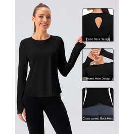 BMJL Women's Long Sleeve Workout Tops Open Back Gym Athletic Shirts Casual Yoga Running T-Shirts Fall Outfits 2025 (Medium, Black)