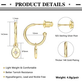 DOCHAIS 925 Silver 14K Gold Plated Huggie Hoop Earring for Women - Small Gold Hoops with Pearl, Butterfly, Hamsa, Star Charms | Elegant lightweight Drop and Dangle Earring, Jewelry Gift & Daily Wear.