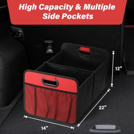 HealSmart Car Trunk Organizer, Foldable 2 Compartment Automotive Storage Accessories with 50L Capacity, 600D Waterproof Oxford Polyester, Non Slip Bottom, Red