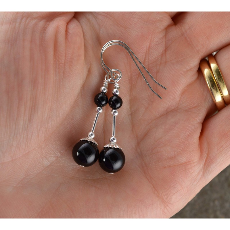 Black Onyx Gemstone & Sterling Silver Hook Drop Earrings with