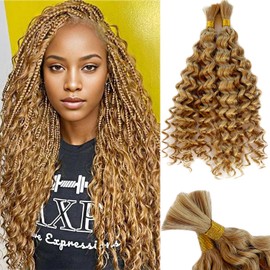 Boho Hair for Braiding 28 Inch Human Hair Braiding Hair for Boho Braids #27 Honey Blonde Bulk Human Hair for Boho Knotless Braids 2 Bundles/Pack 100g Colored Curly Human Braiding Hair Wet and Wavy
