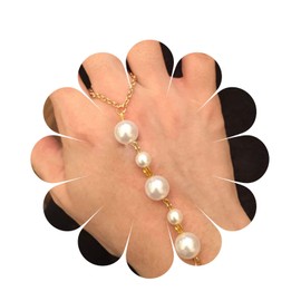 Aneneiceera Boho Pearl Finger Ring Bracelet Pearl Slave Bracelet Gold Ring Wrist Bracelet Pearl Slave Bracelet Bridal Pearl Bracelet Hand Chain Jewelry for Women