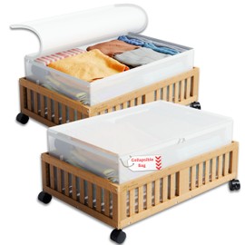 Vogueraa Bamboo (Wooden-Style) Under Bed Storage with Wheels and Lid - Decorative Wooden Rolling Storage Bin - Underbed Organizer - Natural Color, 16 x 12 x 7,5 in (2 Packs)