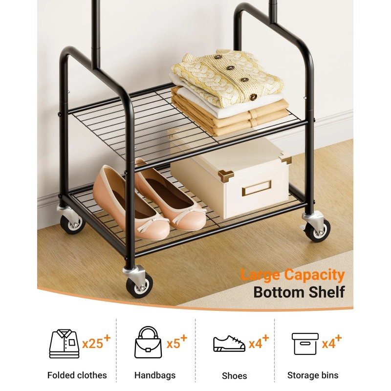Aooda Small Clothes Rack with Shelves Metal Sturdy Rolling Clothing