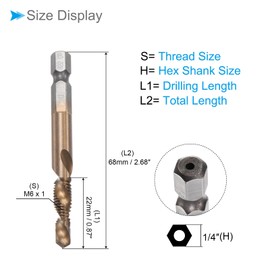 CoCud Combination Drill and Tap Bit, M6 x 1 Thread Size 1/4" Hex Shank, Uncoated M35 Cobalt High Speed Steel Tools - (Applications: for Aluminum Stainless Steel Plastic), 2-Pieces