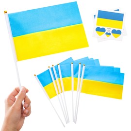 Ukraine Decorations 10pcs Small Ukraine Flags on Sticks & 2pcs Tattoos, Mini Ukrainian Flags Hand Held Flags for Sports Events Independence Day Party Decorations