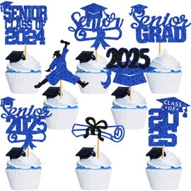 40Pcs Graduation Cupcake Toppers 2025 Blue Glitter Senior Class of 2025 Cupcake Toppers Diploma Grad Cap Cupcake Picks 2025 for Grade Graduation Party Supplies