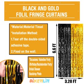 4 Pack 3.2Ft x 6.6Ft Black Gold Foil Fringe Curtain Backdrop, Metallic Tinsel Foil Fringe Streamers Curtains Background for Photo Booth, Birthday, Wedding, Graduation, Carnival Party Decoration