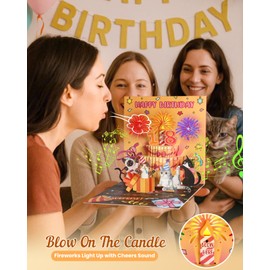 JMHACHY Meow Song Musical Birthday Card - DIY Age & Blowable Candle & Colorful Lights Birthday Pop Up Card 3D Cute Funny Cat, Surprise Gifts for Girl Boy Kids Women Cat Lover with Envelope Blank Note
