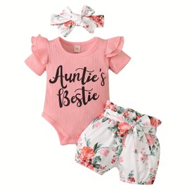 Auntie Outfits for Newborn Baby Girls Auntie’s Bestie Short Sleeve Ribbed Rompers Floral Shorts Clothes with Headband(Pink,6-12M)