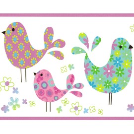 Dundee Deco BRAZBD6389 Prepasted Wallpaper Border - Kids Purple, Blue, Green, Pink Birds, Flowers Wall Border Retro Design, 15 ft x 6 in (4.57m x 15.24cm)