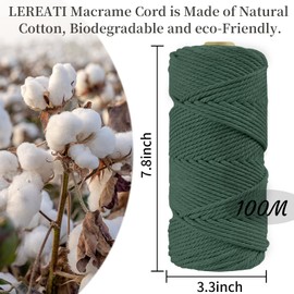 LEREATI Macrame Cord 4mm x 100m, Thick Macrame Rope Natural Cotton Rope Craft String, 4 Strand Twisted Cotton Cord Yarn for DIY Plant Hanger, Wall Hanging, Christmas Decoration (Dark Green)