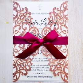 FASTERCY 50PCS Laser Cut Wedding Invitations Cards 5"x 7.28" with Burgundy Ribbon and Envelopes for Bridal Shower Engagement Birthday Graduation (Rose Gold Glitter)