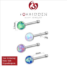 Forbidden Body Jewelry 4-Pack: 20g 6mm Surgical Steel Synthetic Opal Top Nose Studs - Blue, Green, Purple, White