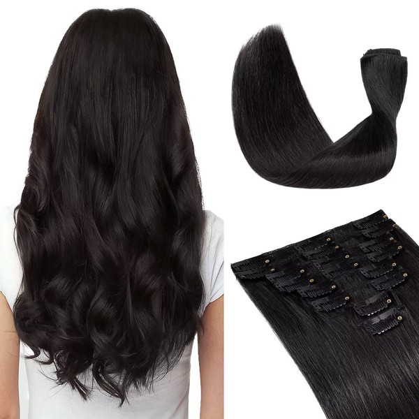 Tess Clip-In Real Hair Extensions, Remy Human Hair Extensions, 18 Clips, 8 Wefts, Long & Straight, 40 cm, 65 g, #1 Black