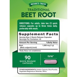 Raíz de Remolacha 1000 mg | 90 Cápsulas Rápida Absorción | Suplemento Natural Sin Gluten y Sin OMG | Apoyo Energético y Cardiovascular | Nature's Truth