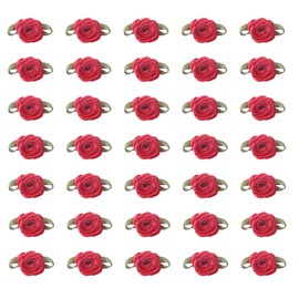 Ruwado 50 Pcs Satin Roses with Green Leaves Mini Cute Ribbon Bows Fabric Artificial Flower Supplies Ornament Applique for DIY Crafting Sewing Wrapping Wedding Decoration (Red)