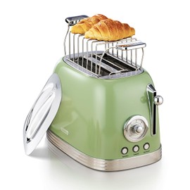 Wiltal Green Cute Retro Toaster 2 Slice with 1.58" Wide Slots, with Stainless Steel Lid, with Warming Rack, Preheat, Defrost, Countdown Timer Display