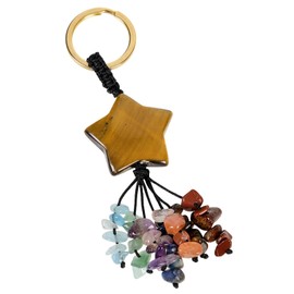 KYEYGWO Healing Crystal Star Heart-Shaped Keyring for Unisex, 7 Chakra Stone Lucky Charm Key Ring Decorative Healing Stone Bag Pendant, Brown (tiger's eye stone)