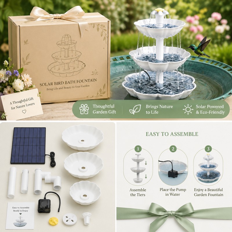 Solar Bird Bath Fountain for Garden Decor – Detachable 3-Tier