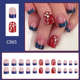 4th of July Press on Nails Short Square French Tips Fake Nails Glitter Star American Flag Design French False Nails Press ons Cute Star Stick on Nails Kits Independence Day Nail Accessories Decoration