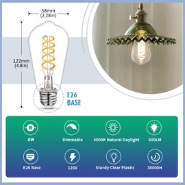 EMYMLITE 12 - Pack 60 Watt Equivalent, E26 LED Filament Light Bulbs, Neutral White 4000K, Dimmable, Antique Filament Decorative Light Bulbs, ST19/ST58 LED Edison Bulb with 80+ CRI