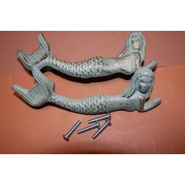 Southern Metal Mermaid Drawer Pull Nautical Beach Design Antiqued Bronze Look Cast Iron, 4 3/8 inch Center - 7 inch Long, Set of 2, HW-54