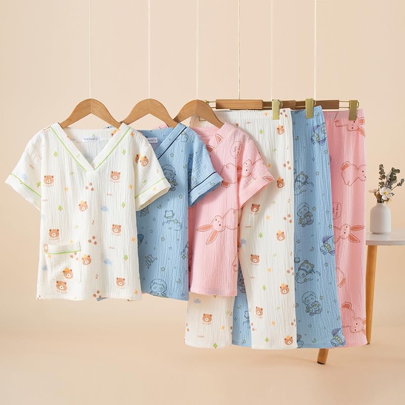 ゆめパジャマ ダブルガーゼパジャマ キッズ ルームウェア子供 コットン 春夏 秋冬 Ｖネック長袖 綿100 通気性