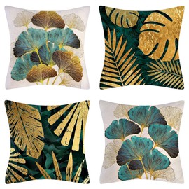 Fullfun Gold Ginkgo Biloba Cushion Covers, Teal Blue linen pillow covers, Pack of 4 Plant leaves square throw pillowcase with invisible zipper for sofa & couch 40 cm x 40 cm(16 x 16 inch)