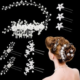 8 PCS Wedding Hair Pin, Silvery Wedding Hair Comb Hair Accessories for Women, Artificial Pearl Hair Pins Accessories Rhinestone Hairpin Hair Combs for Bridal Prom Wedding Party
