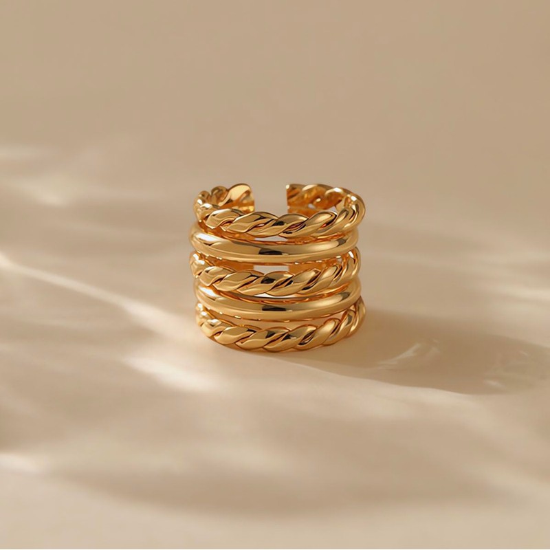 Jewlure 18K Gold-Plated Ring, Women's Fried Dough Twists Multi-Layer Ring,