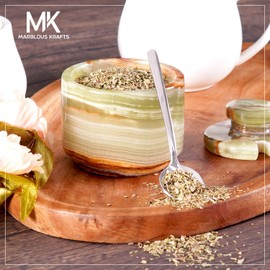 MARBLOUS KRAFTS Marble Salt Cellar with Lid and Spoon 3 Inch Green Onyx Flaky Salt Containers for Countertop, Marble Sugar Bowl and Salt Bowl