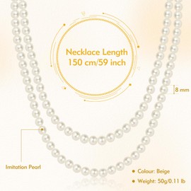 CdbC 59" Long Pearl Necklace, Faux Long Pearl Necklaces for Women, Vintage Elegant Long Pearls, Pearl Necklace Long for Wedding Party 1920s Gatsby Costume Jewelry