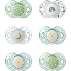 Tommee Tippee Night Time Pacifier, 18-36 Months, Symmetrical Silicone Baglet, BPA-Free Binkies, Glow in The Dark Technology, Green Rainbow, Pack of 6