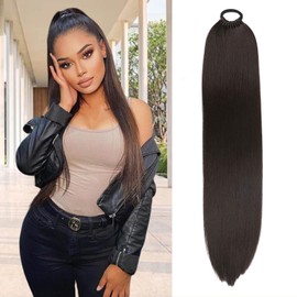 Ponytail Extension For Black Women Pony Tails Hair Extensions 18inch Long Straight Ponytail Extensions Hairpieces Soft Synthetic Hair for Party, Daily Use(2#-Black Brown)