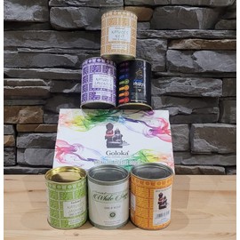 Premium Spiegelkegel | Set mit 6 Dosen Goloka | Jasmin, weißer Salbei, Champagner, Chakra, Lavendel und Nest | Design-Präsentation | 6 x 18 Kegel