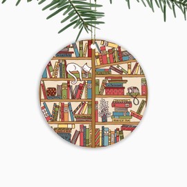 Library Cat Christmas Ornaments for Readers, Librarians,Book Lover,Student,Bibliophile,Teacher,Bookworm,Xmas Tree Hanging Ornaments Ceramic Keepsake