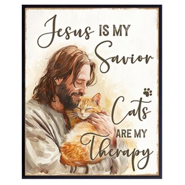 Jesus Christ Cat Wall Art & Decor - Cat Lover Cute Cat Christian Wall Decor - Christian Gifts for Girls, Cat Mom, Cat Dad - Religious Farmhouse Style spiritual Home Decor - Rustic funny Quotes Decor
