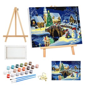 SENQAO Framed Paint by Numbers Kit for Adults, Christmas Night, Acrylic on Canvas, 7.8x11.8 inches, Wooden Easel Included